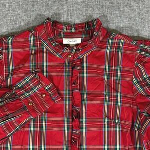 ON-34TH Plaid Ruffle Blouse Womens M Red Tartan Gold Button Preppy Holiday Shirt